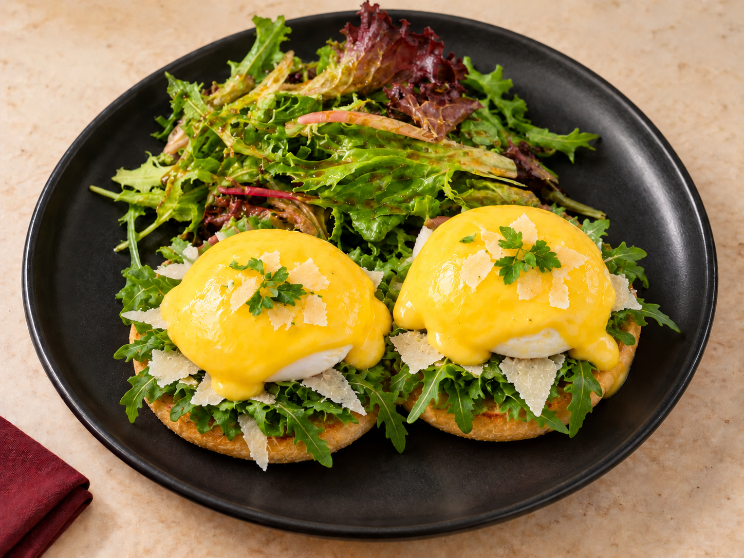 CHEMINÈ Arugula and Parmesan Eggs Benedict with hollandaise and mixed greens on a black plate