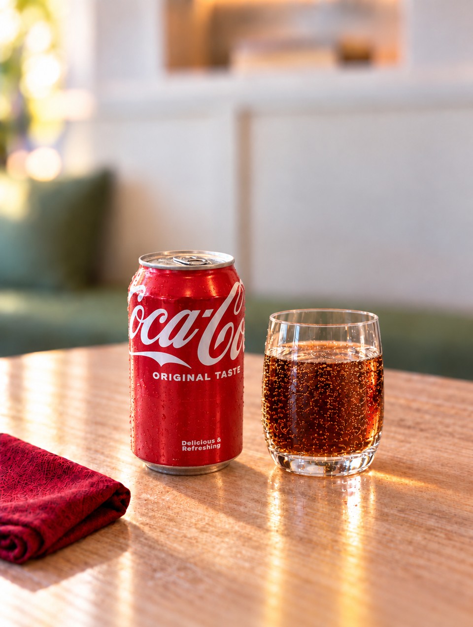Coca-Cola can with a glass of cola