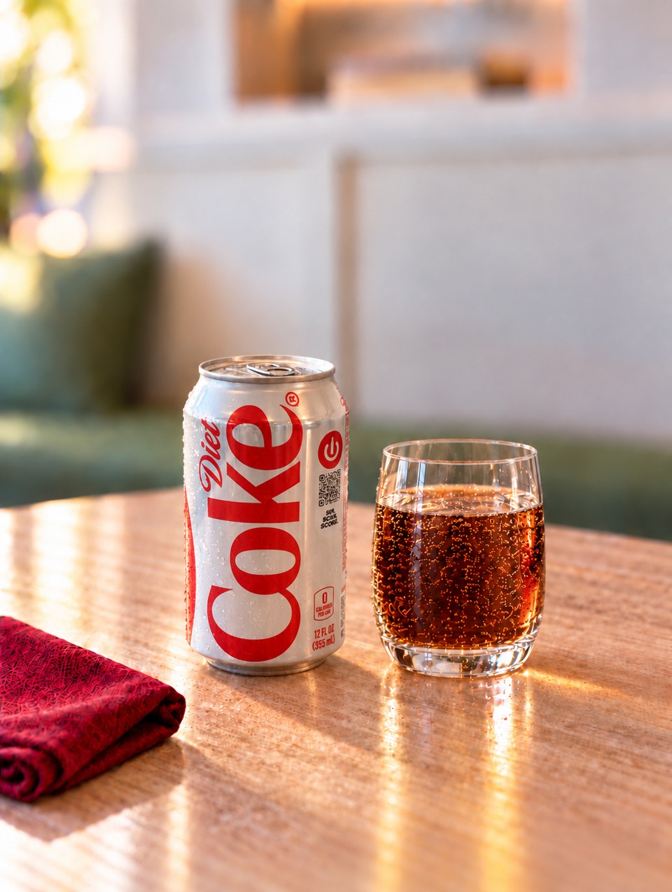 Diet Coke can with a glass of cola