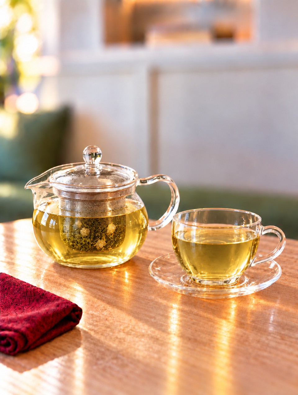 Jasmine Green Tea in a glass teapot and cup
