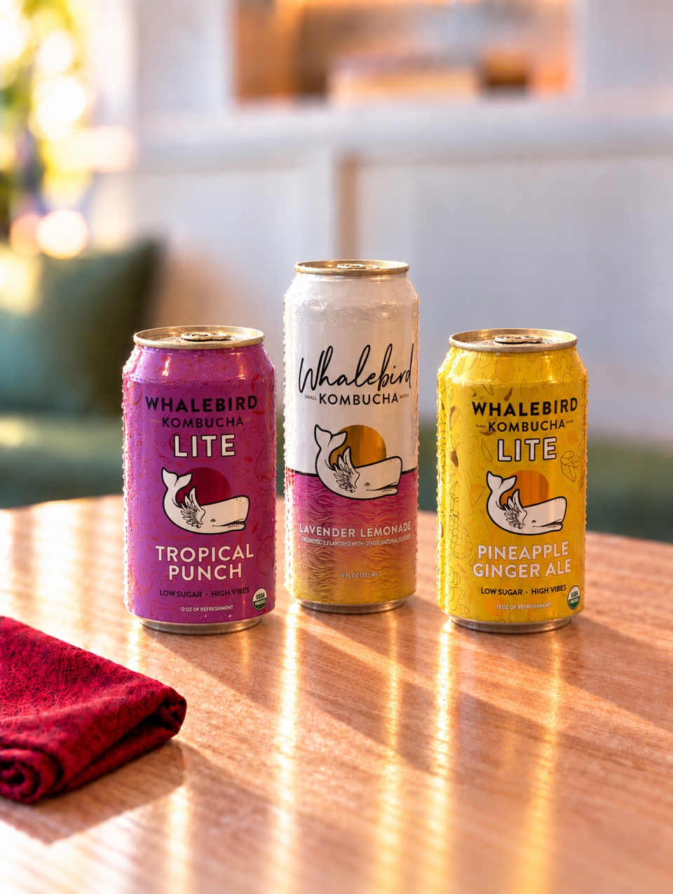 Whalebird Tropical Punch, Lavender Lemonade and Pineapple Ginger Ale kombucha cans