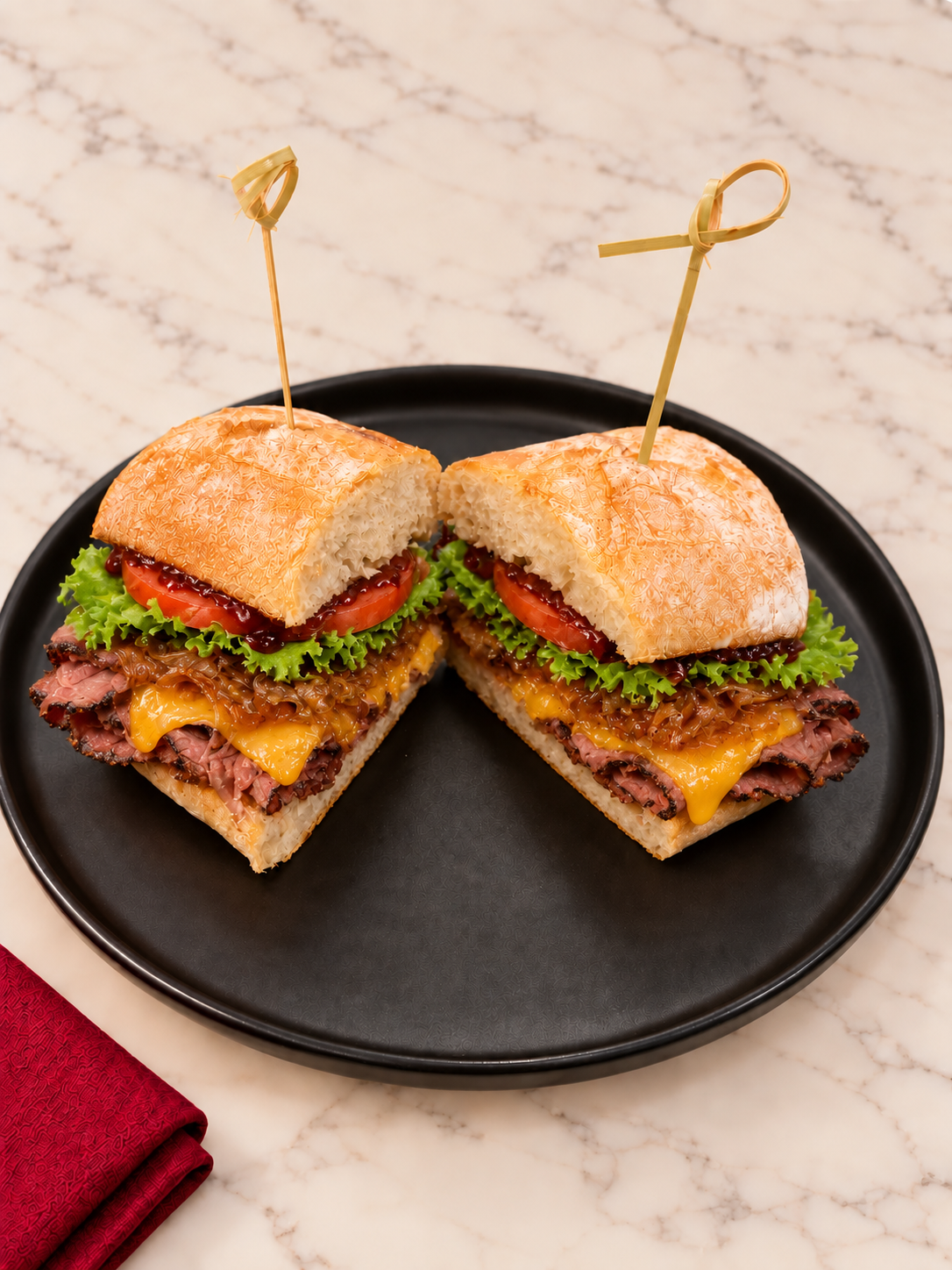 CHEMINÈ Smoked Beef Sandwich with melted cheddar, caramelized onions, lettuce, tomato, and BBQ sauce on ciabatta, served on a black plate